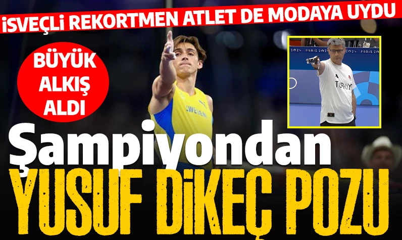 Eli cebinde poz: Olimpiyat şampiyonu İsveçli atlet Armand Duplantis'ten rekor sonrası Yusuf Dikeç duruşu