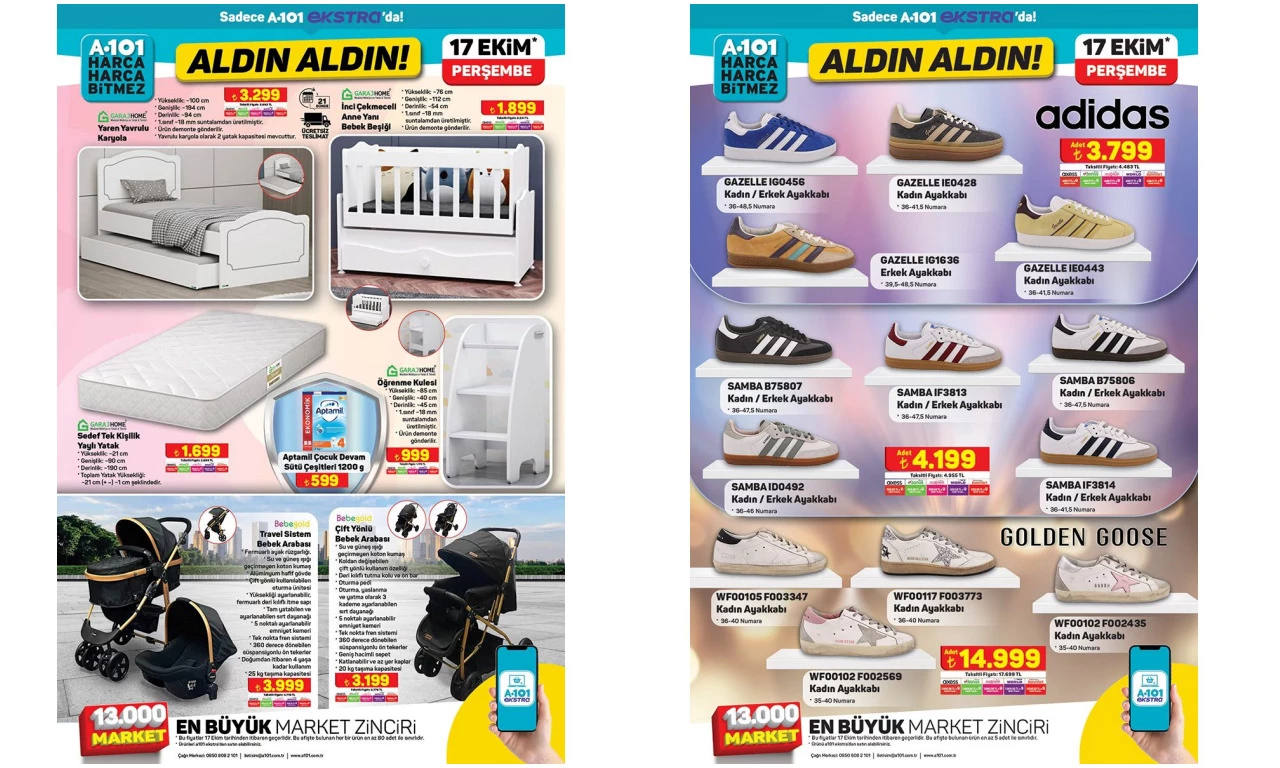 A101'den 1 haftalık dev Ekim indirimi! Bebegold bebek arabasından Adidas Gazelle ve Samba ayakkabılara