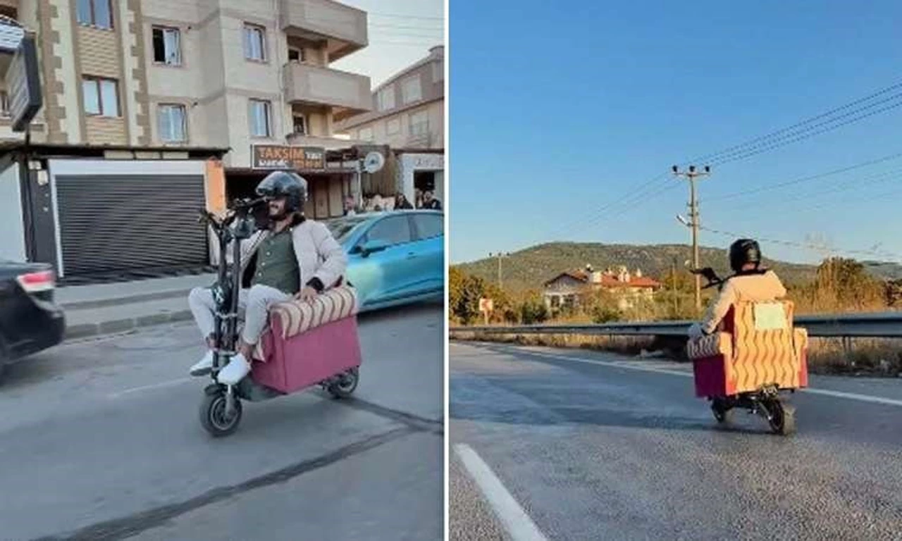 Trafikte akıl almaz görüntüler! Scooter'a koltuk yerleşip trafiğe çıktı: Seyaheti çok uzun sürmedi